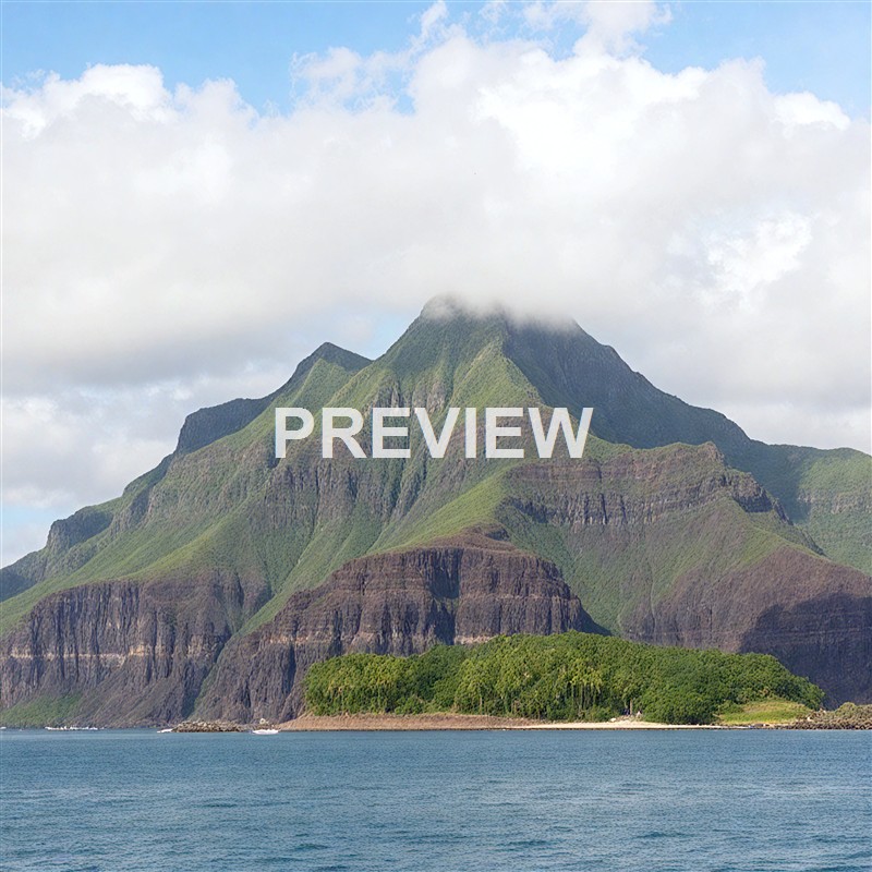 A lush green mountain with steep, rugged slopes partially covered by clouds, rising from the ocean with a small forested area at its base.